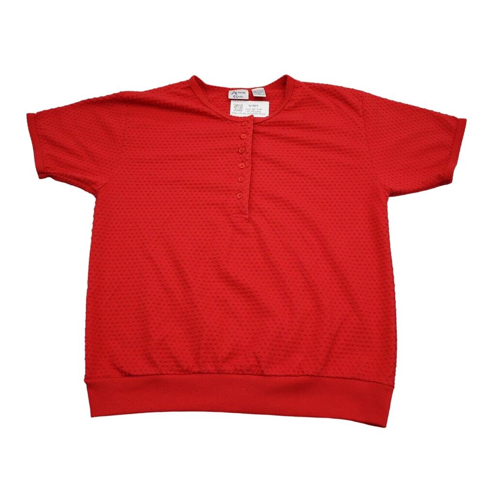 Alison Craig Sweater Womens XL Red Short Sleeve Henley Button Tight Knit Stretch